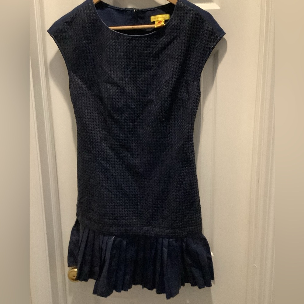 catherine malandrino blue dress Navy Anjali Woven Leather Pleated Hem Size 2 This pre notes-pre-up-6/30/23 Brown Linen Midi Dress Color:Fruit green
